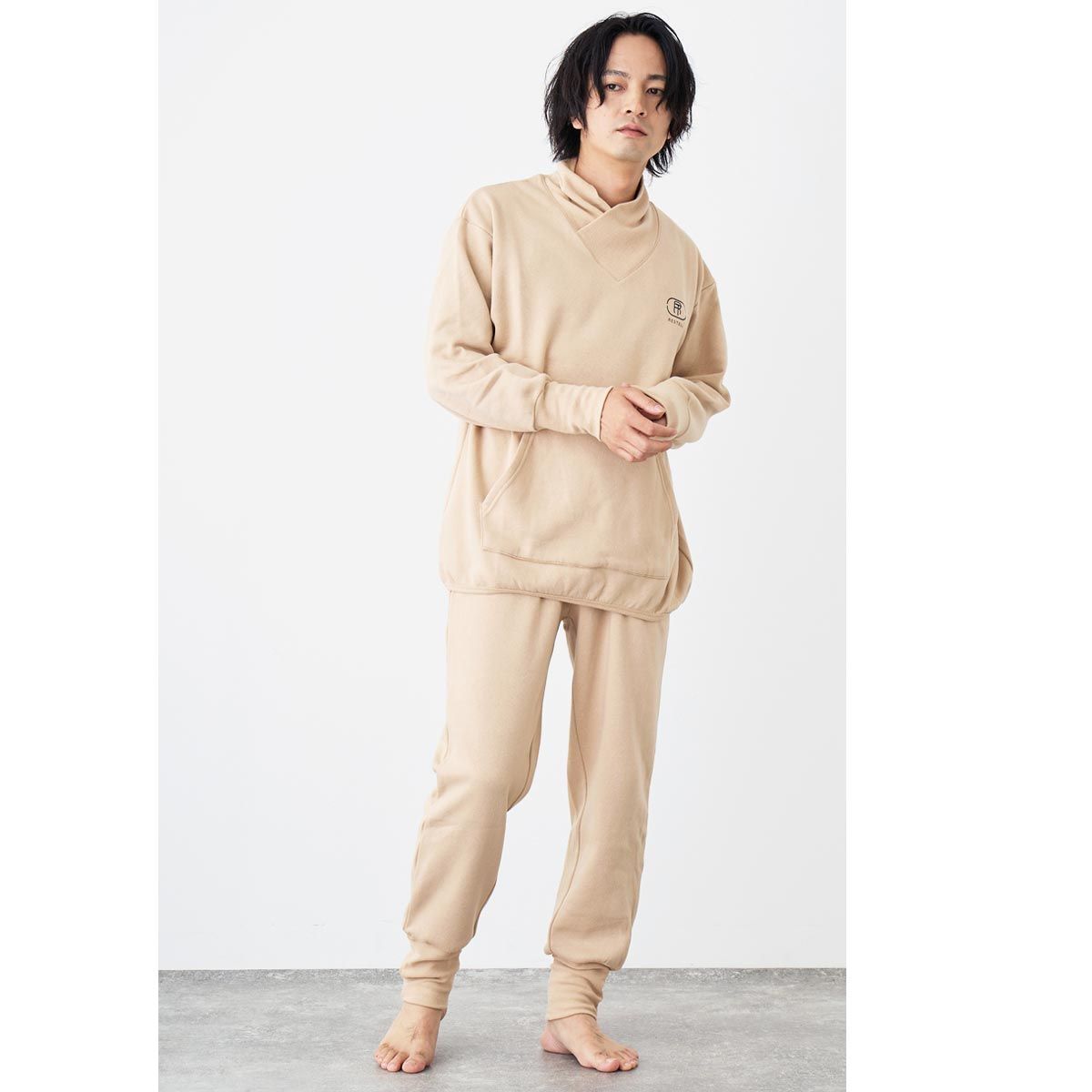 ルームウェア メンズ レディース 部屋着 パジャマ 上下セット RESTELL レステル スウェット 遠赤外線プリント 発熱 裏起毛 暖かい 寝巻き ナイトウェア ユニセックス 男女 秋冬 3-ベージュ