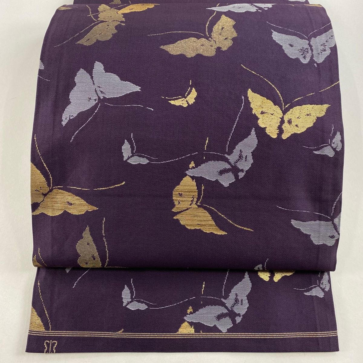 開き名古屋帯 秀品 川島織物 落款 蝶 箔 黒 正絹 【中古】