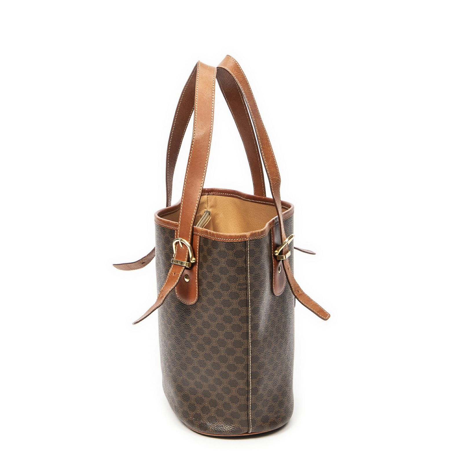 セリーヌバケツ型トートバッグ茶色マカダムPVCキャンバスAB