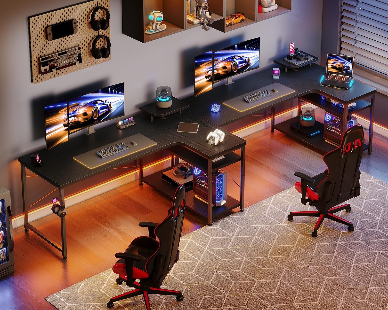 ブラック 組立簡単 勉強机 子 在宅勤務 右棚 ワーク オフィス 棚付き pcデスク 机 desk デスク 幅110 パソコンデスク L字 ゲーミングデスク ODK