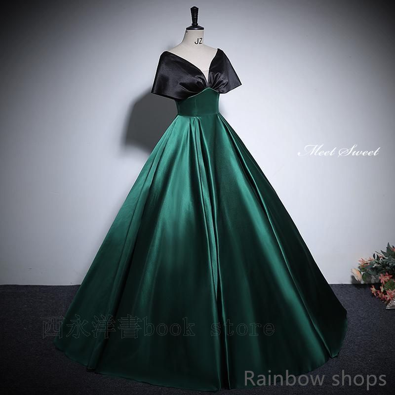 ♥ カラードレス プリンセスライン ロングドレス グリーン 緑 サテン 配色 半袖 ウェディングドレス 結婚式 二次会 花嫁 前撮り 演奏会 発表会 ステージ衣装 ml330cp141