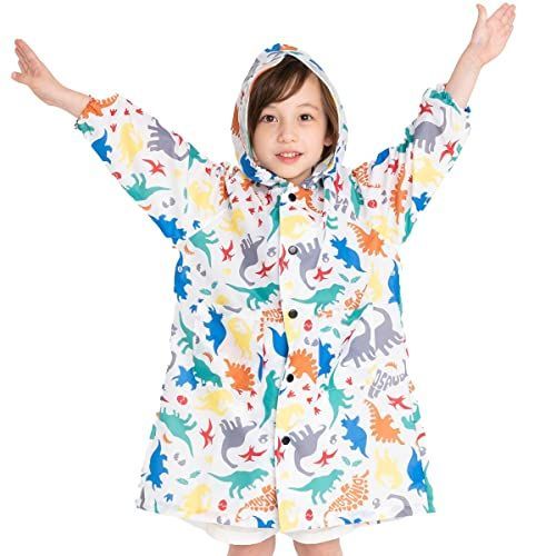 ホワイト・恐竜_120 [ＺＡＩＤＥＡ] レインコート キッズ 雨具 レインウエア カッパ ランドセル対応 男の子 女の子 子供 通園 通学 収納バッグ付き 撥水 軽量 (ホワイト・恐竜， 120cm)