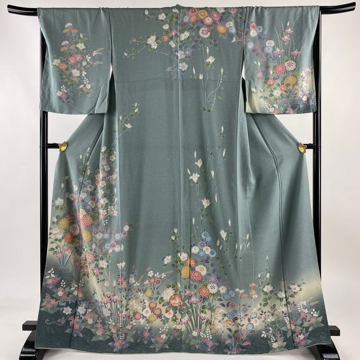 訪問着 身丈168cm 裄丈67.5cm L 袷 菊 草花 金彩 ぼかし 灰緑 正絹 名品