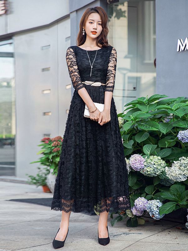 ドレスブライズメイド大人二次会袖付きロングドレス演奏会結婚式ミモレ丈体型カバー発表会花嫁xiuhua13ピアノ