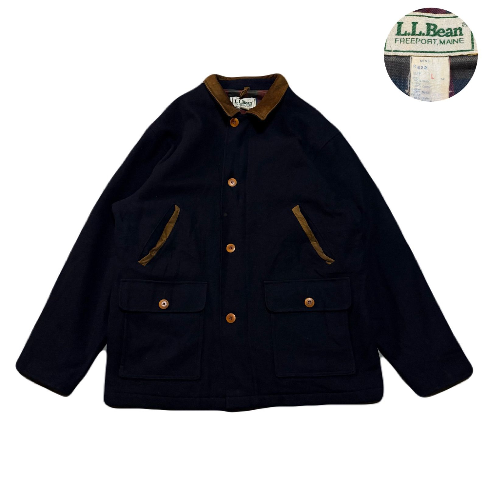 LLBean エルエルビーン MacchinoJacket マッキーノジャケット WoolJacket ウールジャケット 80s USA製  CheckPatternLining 裏地チェック柄 Navy ネイビー L - メルカリ