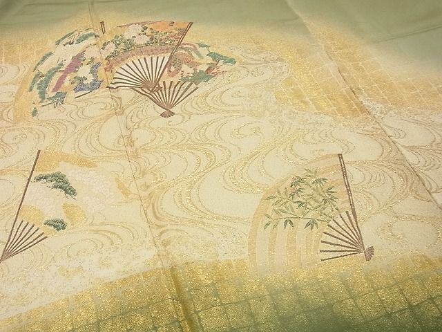 平和屋野田店■訪問着　流水扇面花鳥文　寿光織　金糸　さが美扱い　逸品　BAAI2360xi