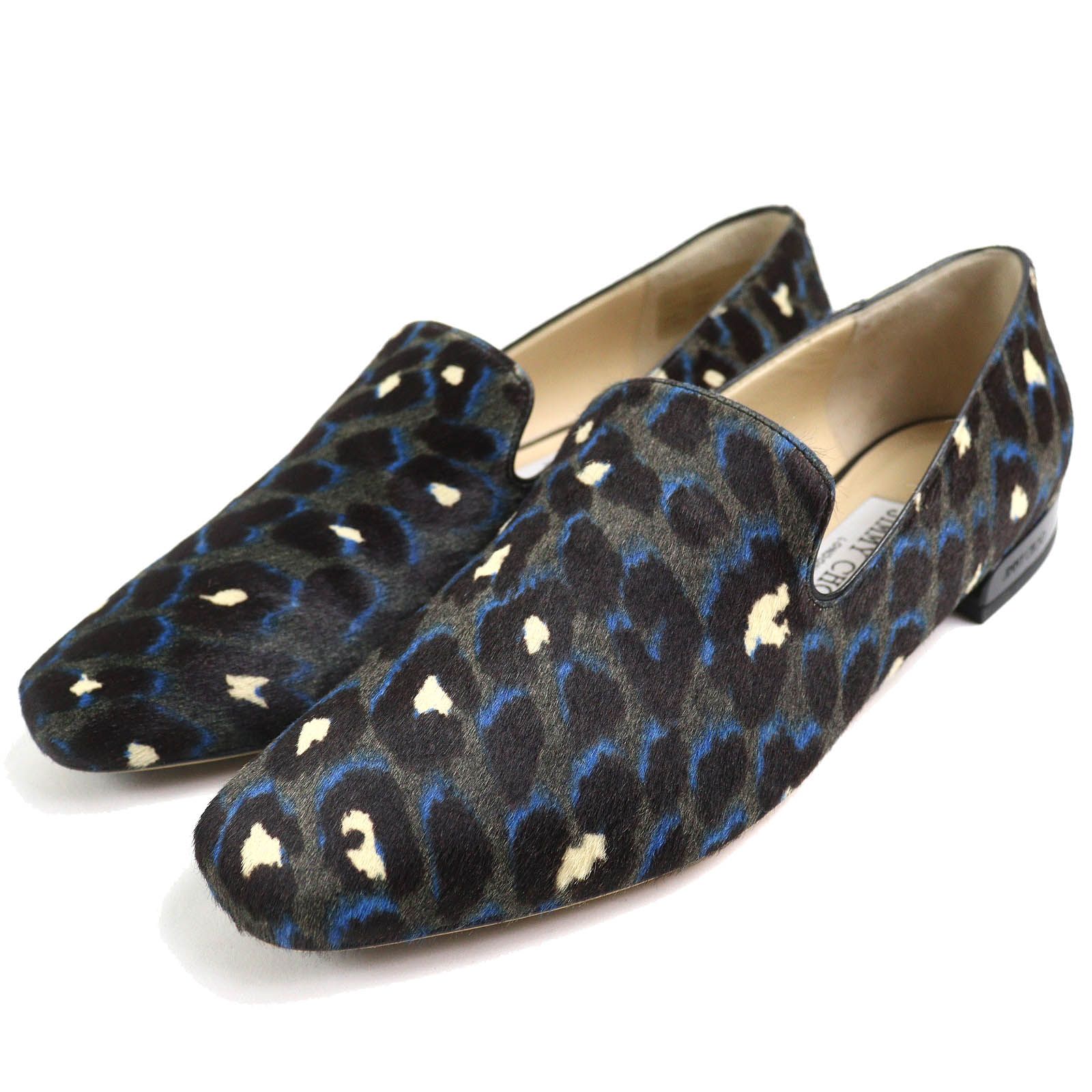 △JIMMY CHOO ジミーチュウ JAIDA FLAT レオパードプリント ホースヘアー フラットシューズ ホースヘアー ローファー スリッポン ブラウン系 ブルー 36 き イタリア製 レディース ◎