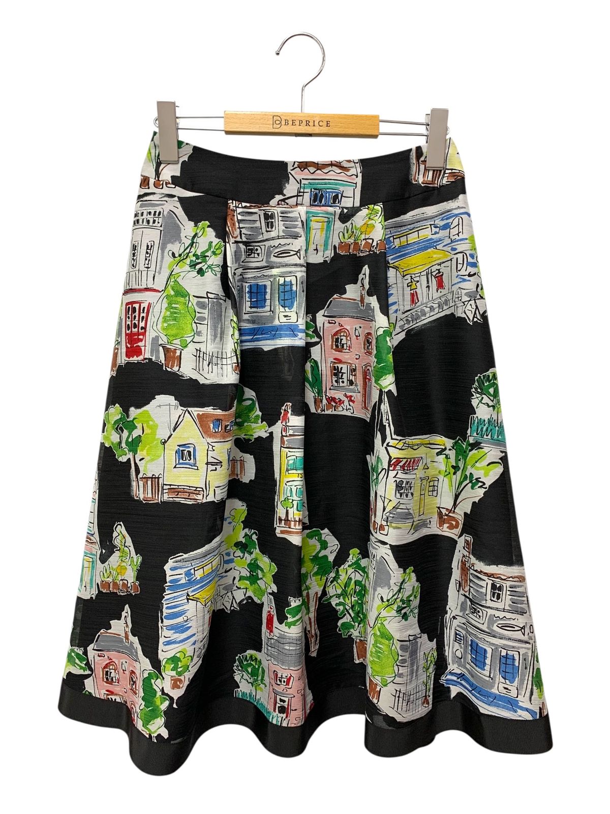 エムズグレイシー 517327 スカート 36 ブラック 街並みモチーフ フ IT82FGQMCYH4