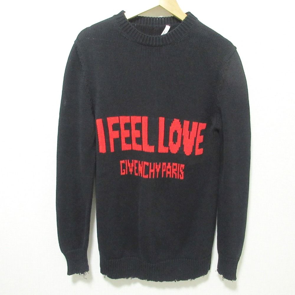 GIVENCHY ジバンシィ I feel love ロゴ ダメージ加工 長袖 ニット セーター S ブラック メンズ レディース 古着