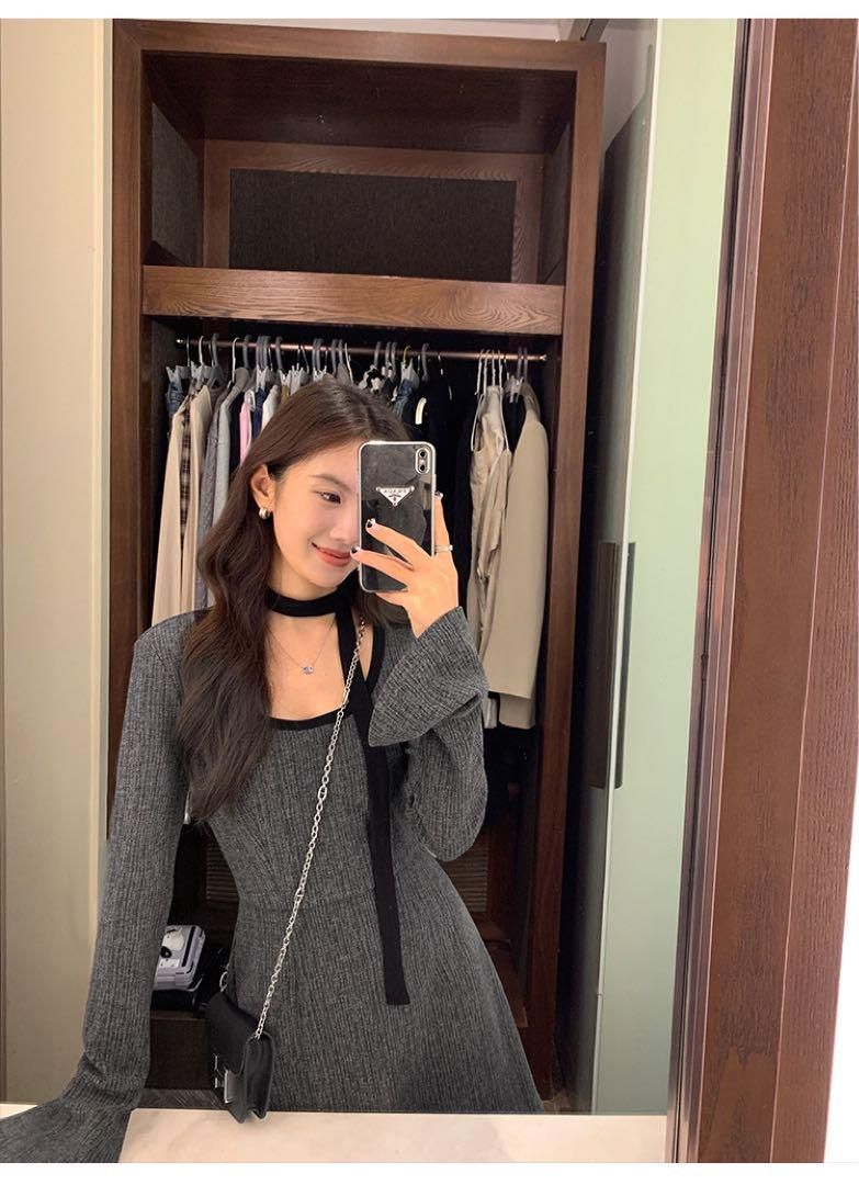 上品セクシー ひざ丈ニットミニワンピ