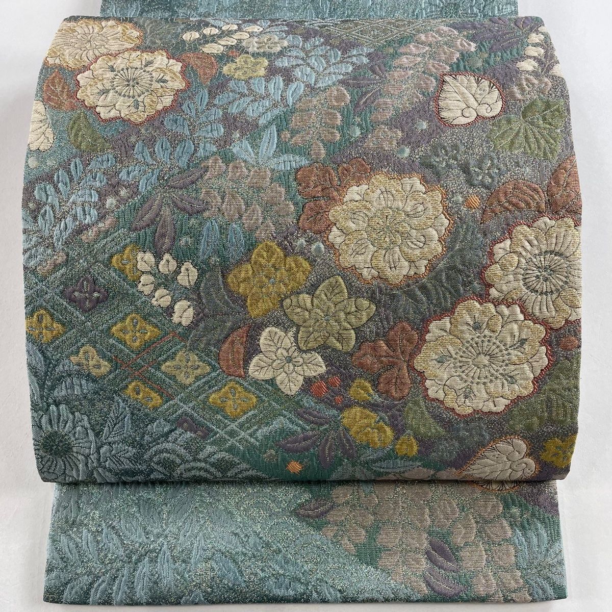 袋帯 美品 名品 辻が花柄 金銀糸 箔 青灰色 お太鼓柄 正絹