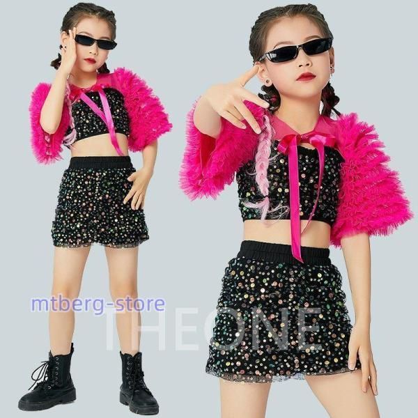キッズダンス衣装 キッズ セットアップ ジャズダンス チア チアガール スパンコール キラキラ トップス ショートパンツ 安い へそ