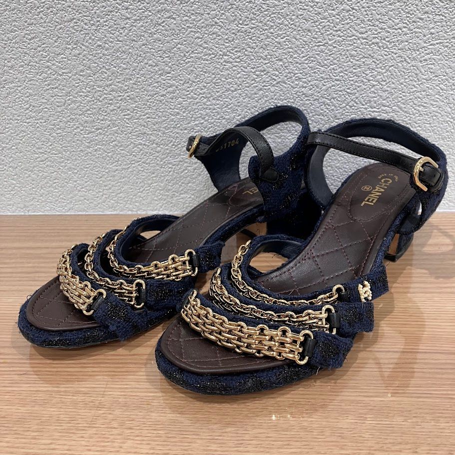 CHANEL ツイード チェーンサンダル 36ハーフ - メルカリ