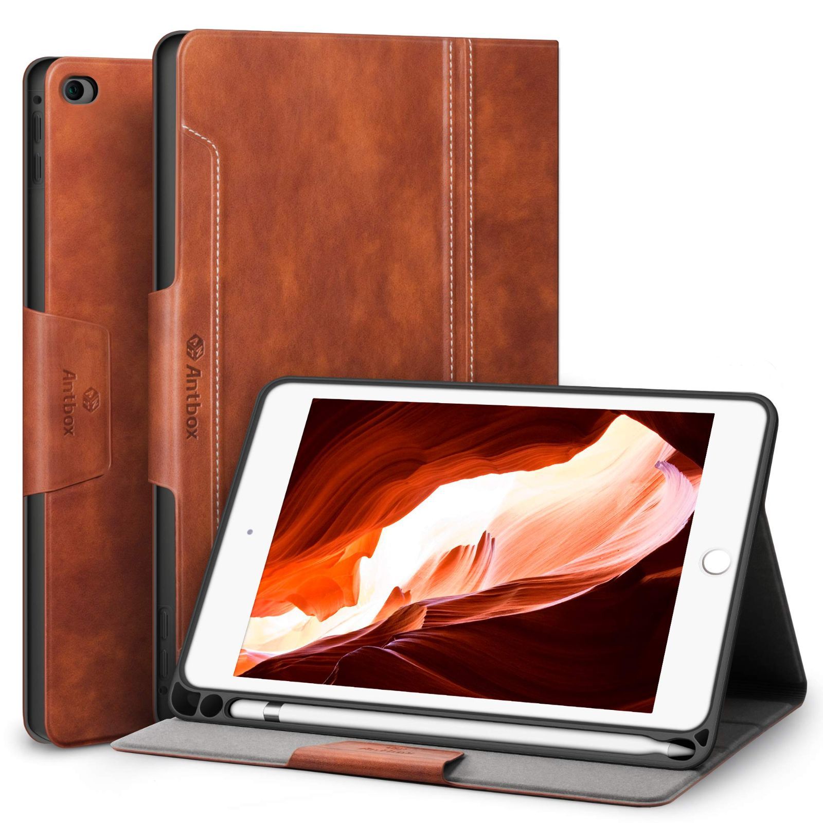 Antbox iPad Mini 5/4 ケース ペンホルダー付き 高級PUレザー 7.9インチタブレットケースカバー オートスリープ＆スタンド機能付き 全面保護 防衝撃デザイン ipad Mini5/4 スマートケース カバー (ブラ