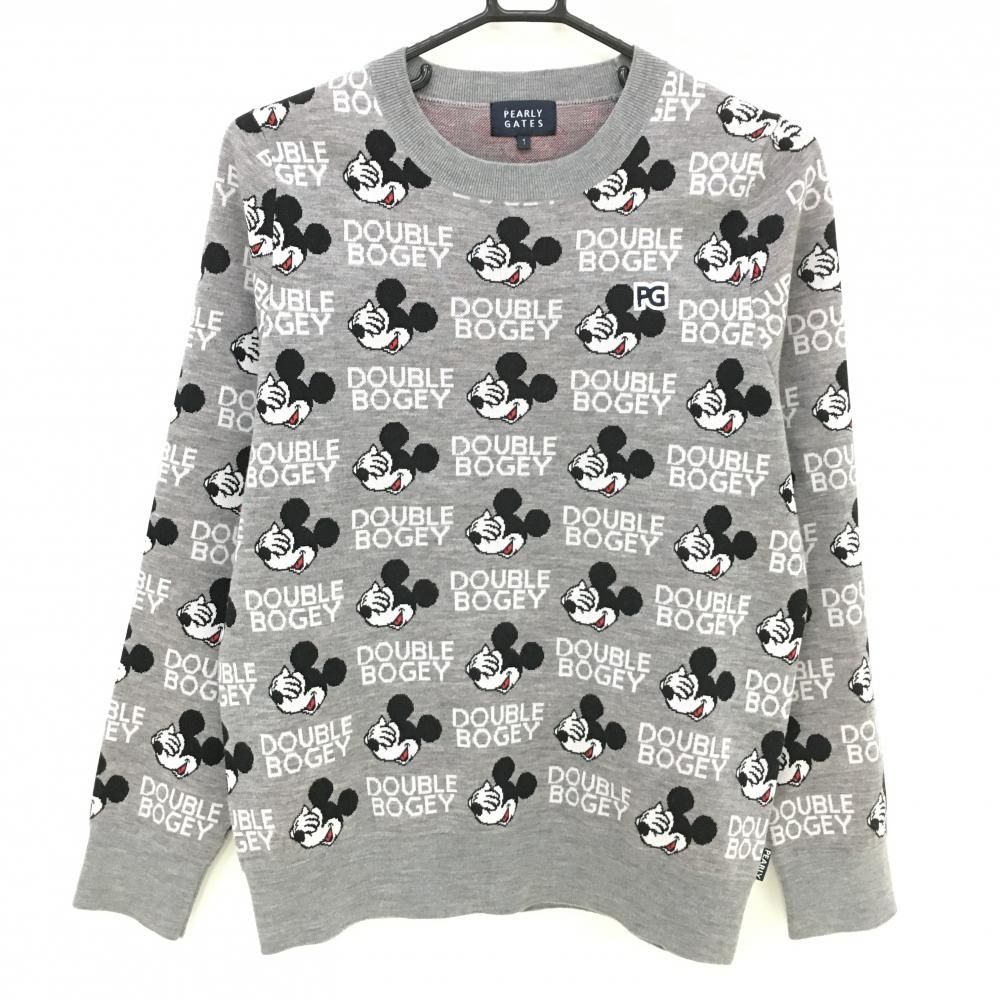 【超美品】パーリーゲイツ×Disney セーター グレー×白 ミッキー総柄 ウール混 レディース 1(M) ゴルフウェア PEARLY GATES