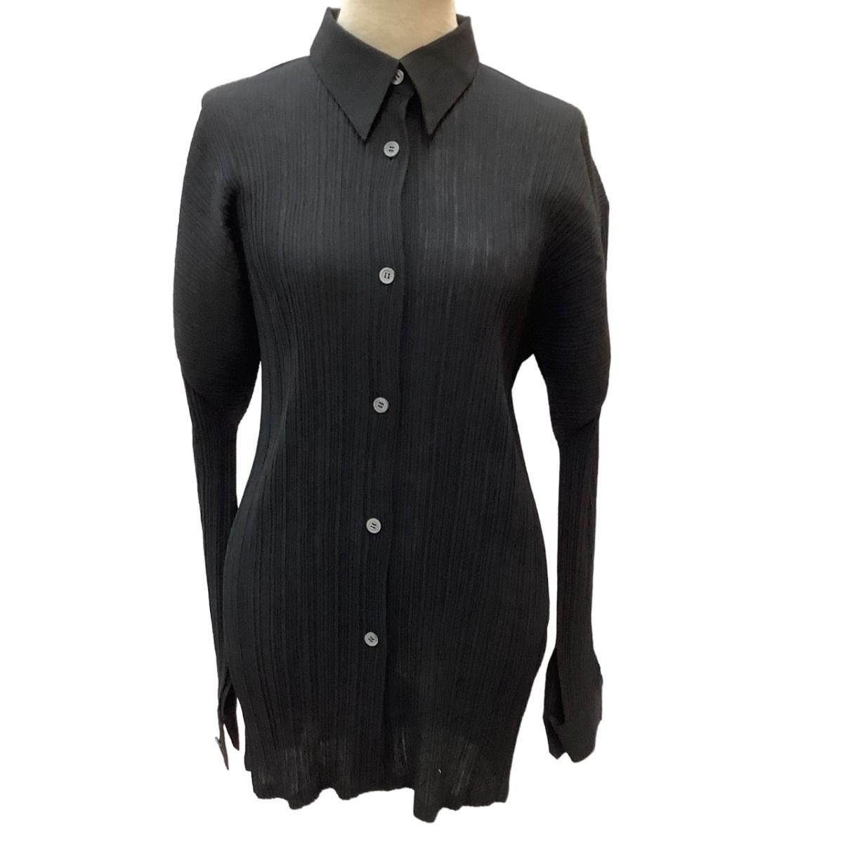 イッセイミヤケ ISSEY MIYAKE ナイロン切替プリーツシャツ 長袖ブラウス IM63-FJ936 ブラック サイズ：M ISSEY MIYAKE(イッセイミヤケ) ナイロン切替プリーツシャツ長袖
