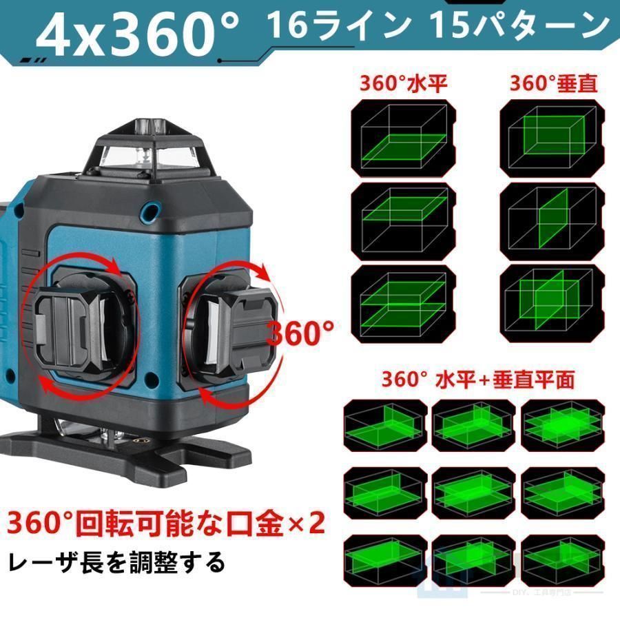 レーザー墨出し器 APP制御 4x360°グリーンレーザー 水平器 16ライン IP65防塵防水 輝度調整 自動補正 リモコン操作 25メートル バッテリー