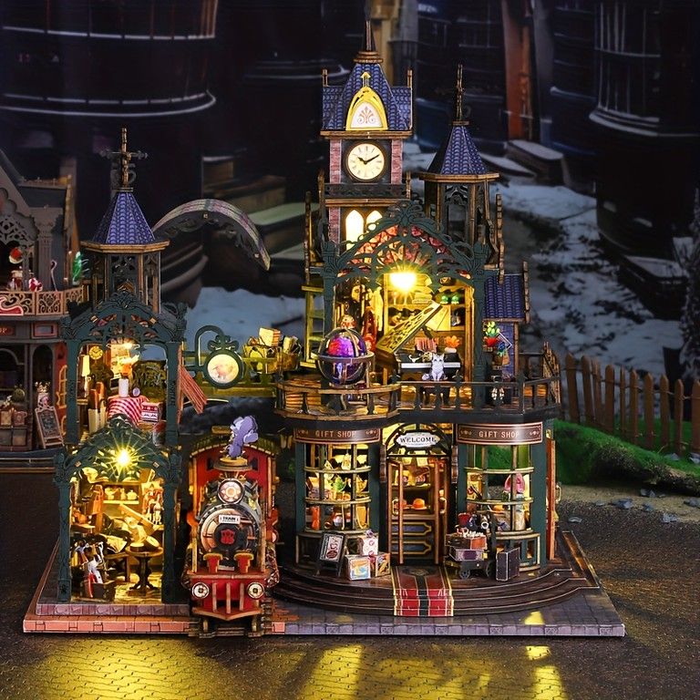 新感覚 木製立体パズル トレインハウス 3Dモデル デスクトップ装飾 ビンテージ風 都市の線路 書架飾り 誕生日 季節イベントギフト QIAOLEXING製 対象10歳以上