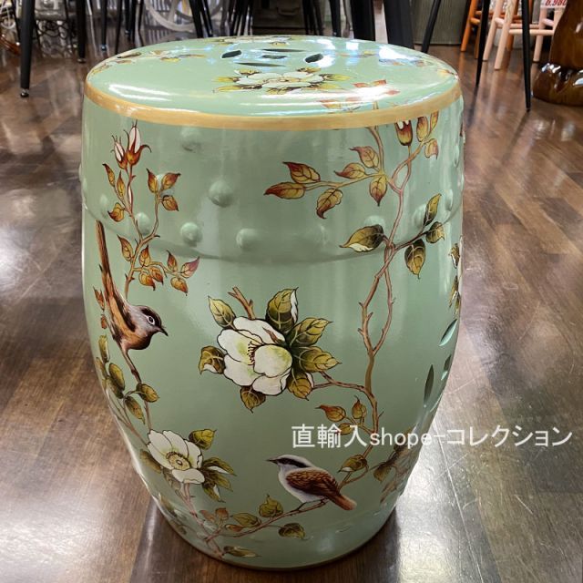 ☆秋のお買得セール中!☆ 陶器製 シノワズリスツール 高さ44cm 花台