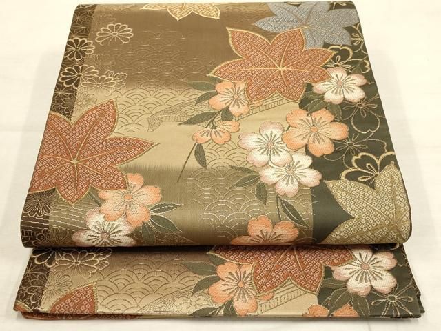 平和屋着物○六通柄袋帯 草花文 金糸 正絹 逸品 AAAL2188wj