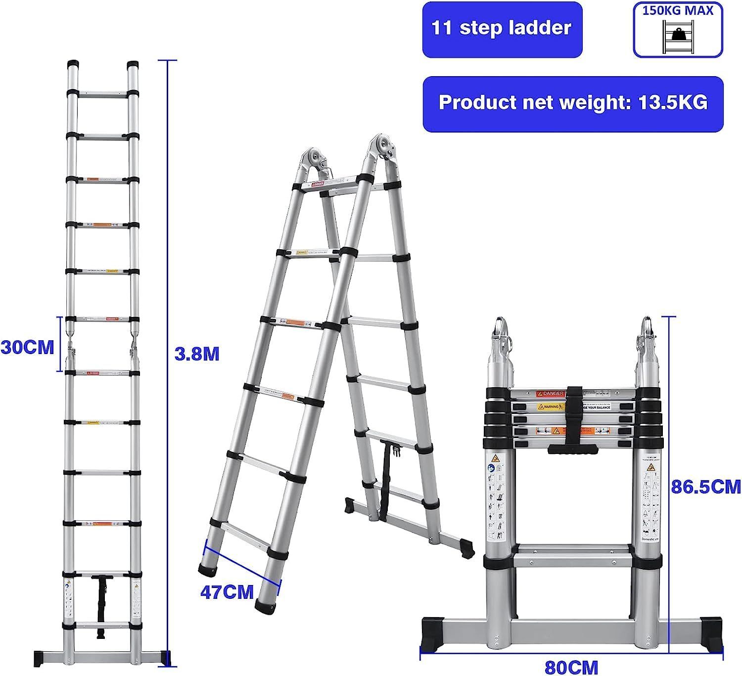 DayPlus 伸縮脚立はしご両用脚立1.9 m 1.9 伸縮はしご最長3.8 兼用脚立 スーパーラダー 折り畳み伸縮梯子 アルミはしご 持ち運びに便利 軽量 耐荷重150 kg 室内室外両用 自動ロック 安全ロック スライド式 アルミ梯子