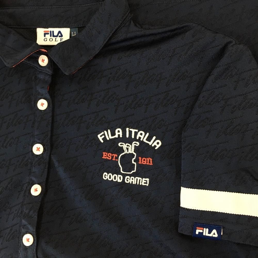 【超美品】フィラゴルフ 半袖ポロシャツ ネイビー 地模様 袖白ライン レディース LL ゴルフウェア FILA GOLF