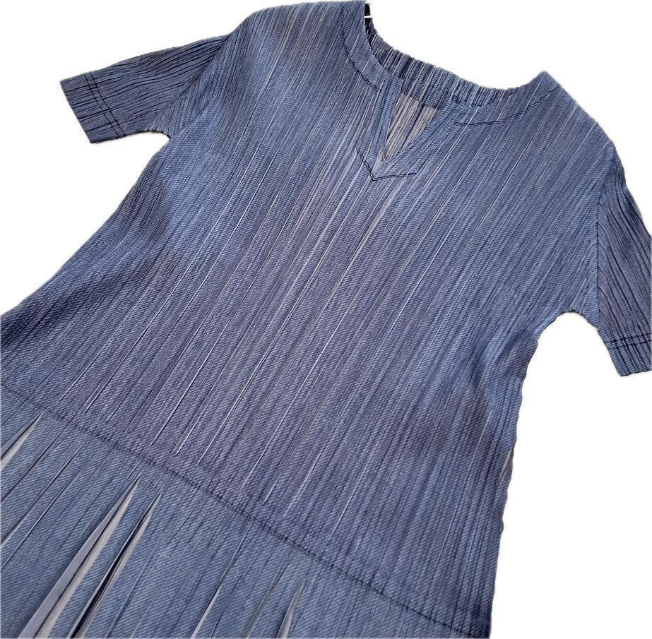 美品✨PLEATS PLEASE イッセイミヤケ デニム転写 半袖 サイズ3 ISSEY MIYAKE イッセイミヤケ PLEATS PLEASE デニム転写