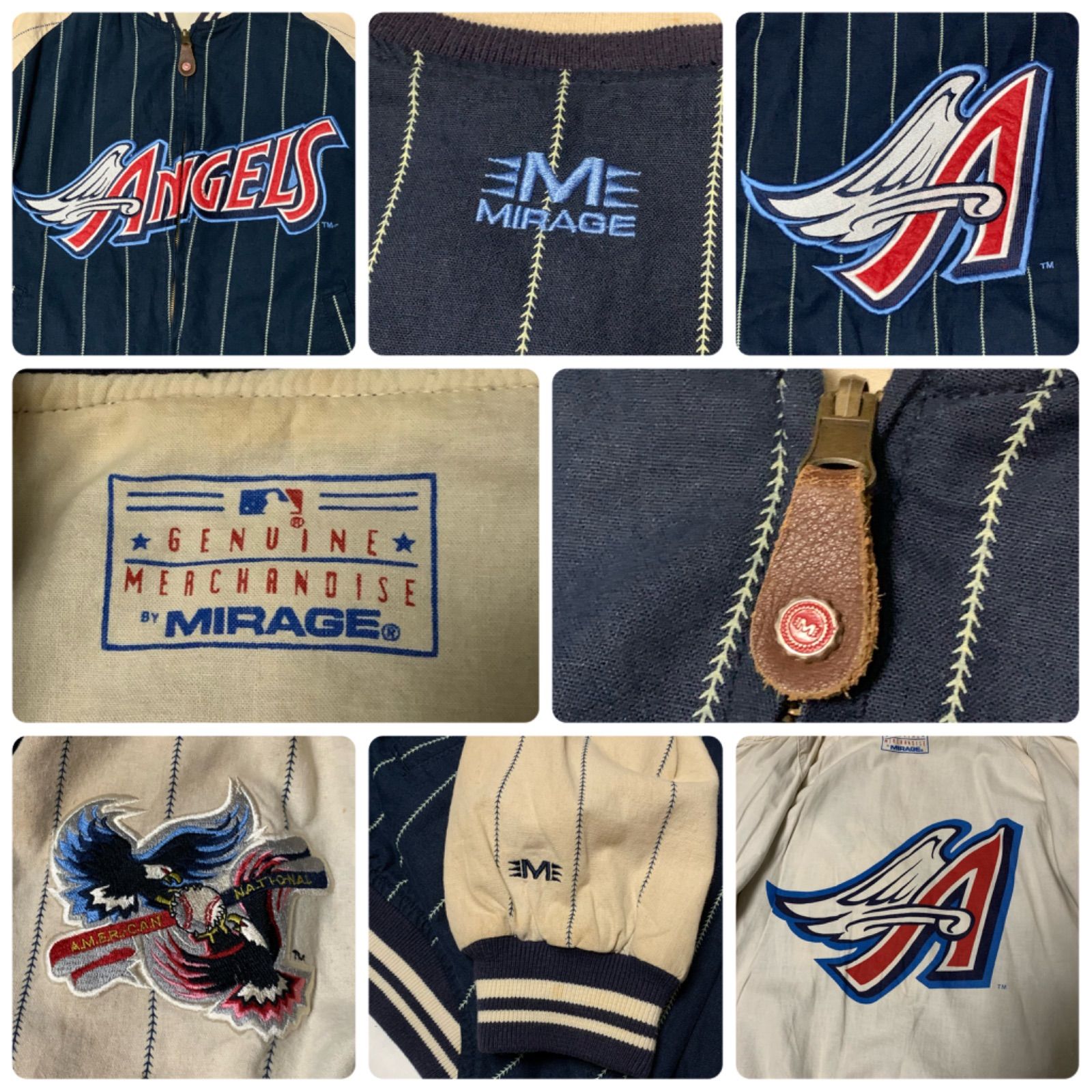 90s MIRAGE “ANAHEIM ANGELS” Reversible Cotton Stadium Jacket ミラージュ アナハイム・エンゼルス コットンスタジアムジャケット スタジャン リバーシブル ネイビー ライトベージュ Lサイズ MLB