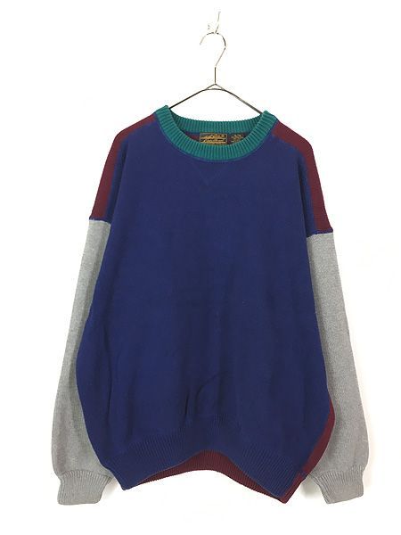 古着 90s Eddie Bauer クレイジー パターン コットン ニット セーター XL 