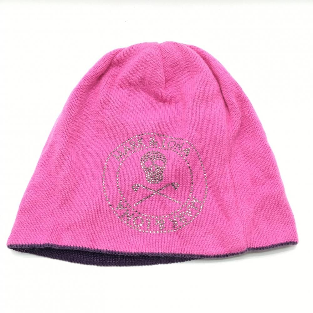 超 マークアンドロナ リバーシブルニット帽 ピンク 片面パープル ラインストーンスカル ゴルフウェア MARK＆LONA