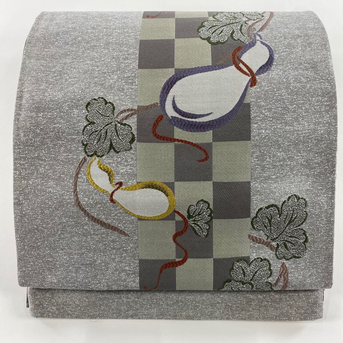 袋帯 秀品 瓢箪 市松 箔 唐織 銀色 六通 正絹