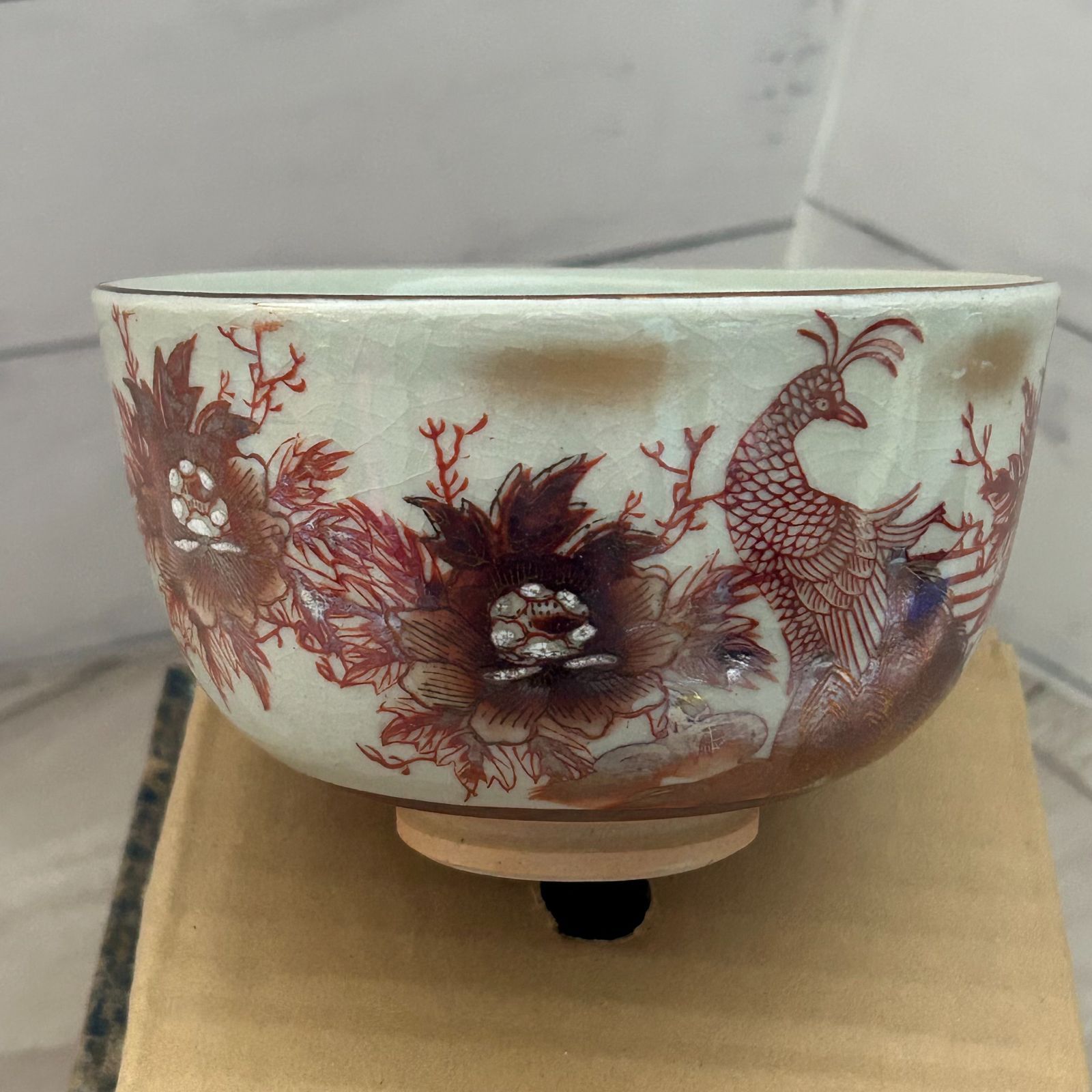 九谷焼 九谷泰山 茶道具 抹茶碗 染付 ヴィンテージ 茶碗 赤絵 箱付き 
