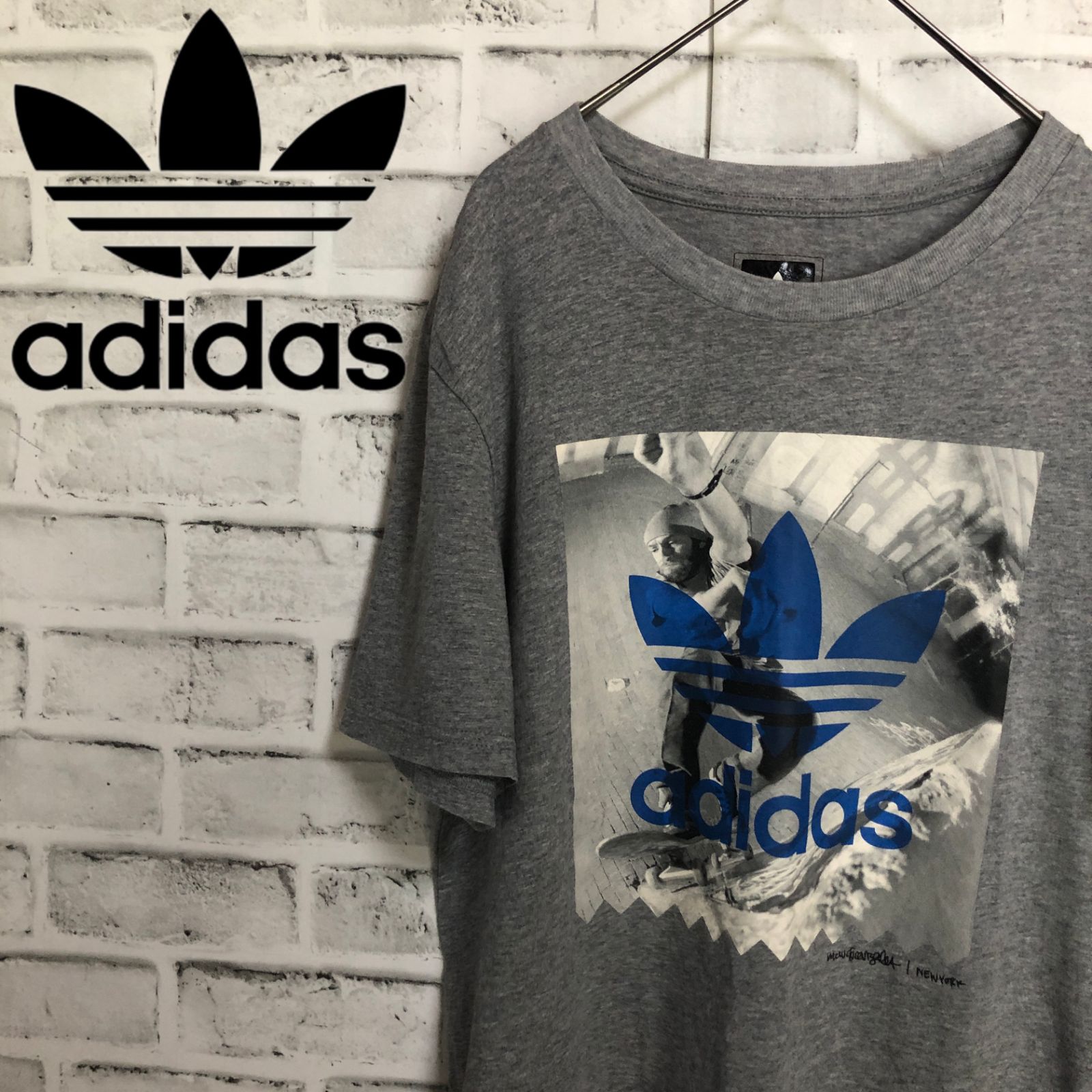 adidas⭐️アディダスオリジナルス ビッグトレファイルロゴ NY スケボー Tシャツ L グレー×ブルー