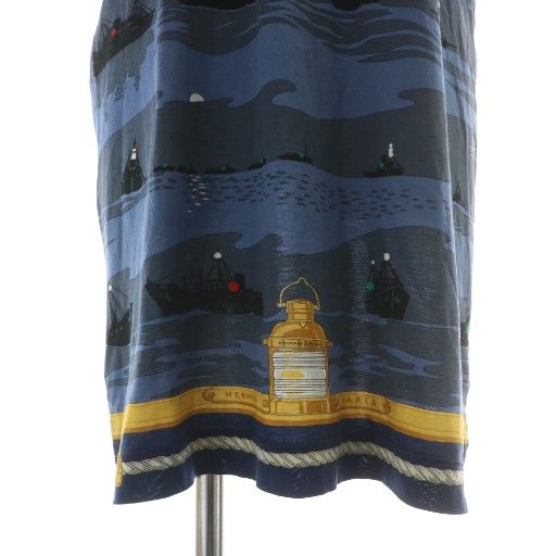 新発売 エルメス HERMES OUVRARD-VILLARS ワンピース ノースリーブ ひざ丈 ヨット 船 海 総柄 紺 ネイビー XZ GY11