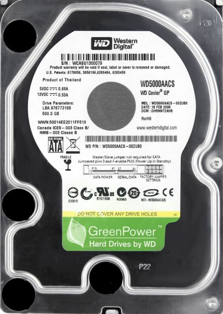 Western Digital 500GB WD5000AACS SATA II 16MB 5400U/分 3.5 インチ Duro ディスコ