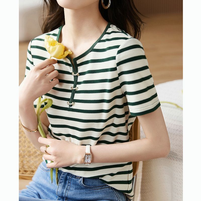 ス Tシャツ レディース ボーダー クールネック 半袖 カジュアル シンプル 通気性 通勤 通学 夏 ファッション トップス Tシャツ レディース ボーダー クールネック 半袖