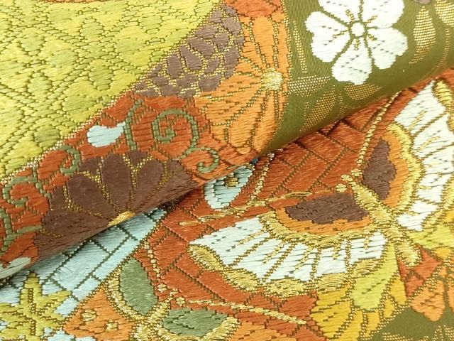 平和屋着物□極上 西陣 河合美術織物謹製 六通柄袋帯 唐織 糸車 花蝶文