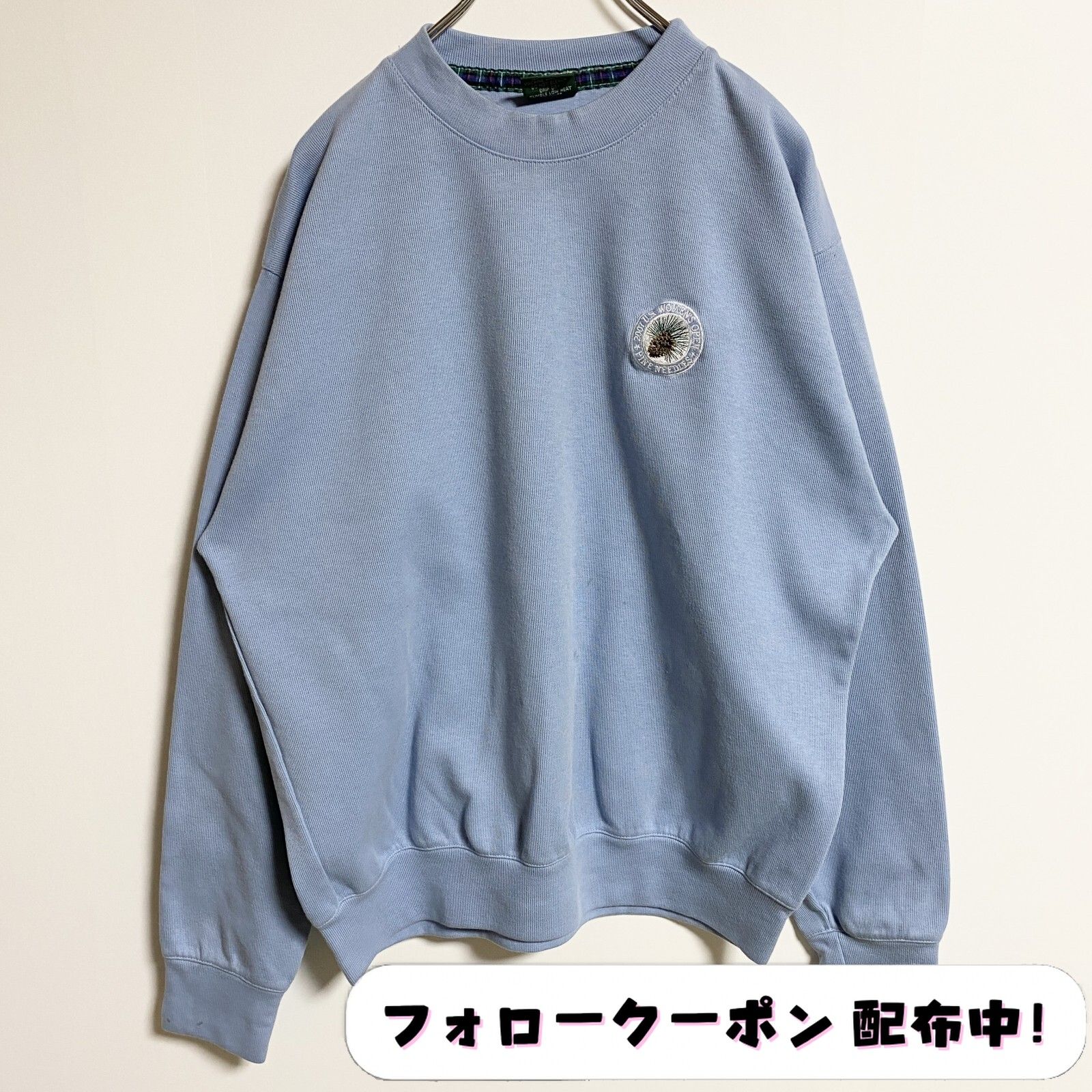 古着 used　ワンポイント刺繍スウェット　水色　レトロ　デザイン　秋冬服