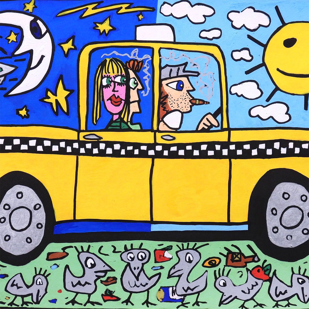 ジェームス・リジィ タクシー 風景画 ポップアート 特別額装 原画 絵画 真作 ジェームス・リジィ A taxi and some pigeons 風景画 タクシー