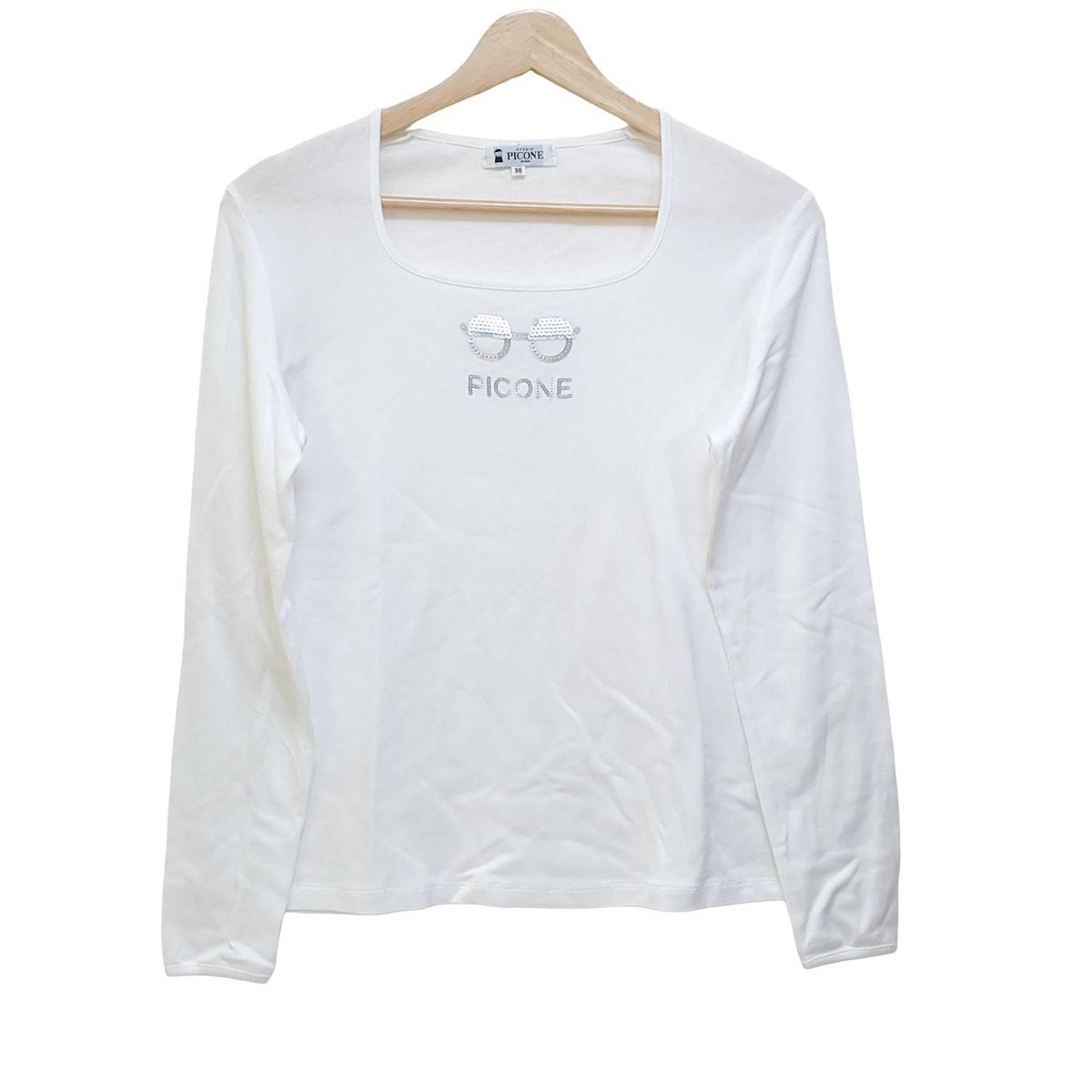 PICONE ピッコーネ 38 トップス Tシャツ 白 ラインストーン PICONE(ピッコーネ) 長袖Tシャツ サイズ38 S レディース美品
