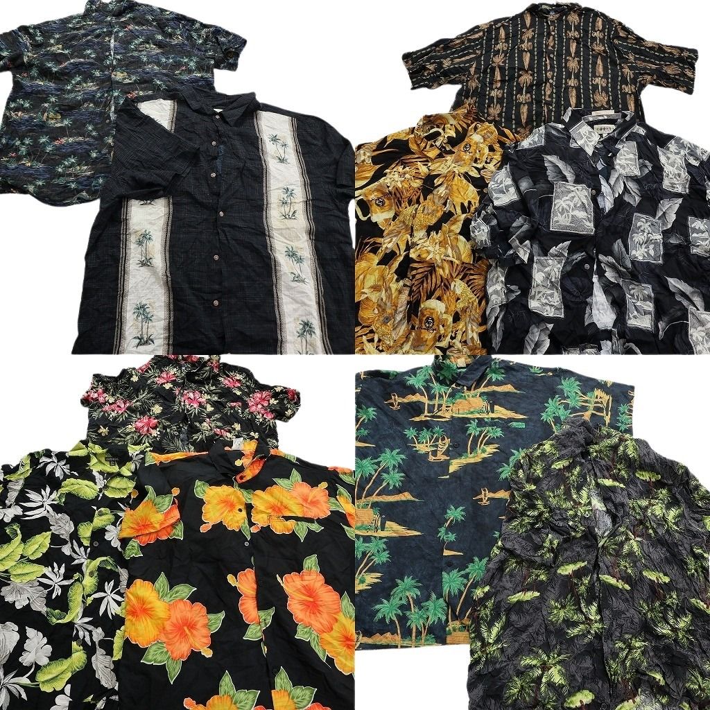 古着卸 黒ボディ アロハシャツ 半袖シャツ 10枚セット メンズ XL パームツリー ハイビスカス リーフ ビール 古着 NA3207