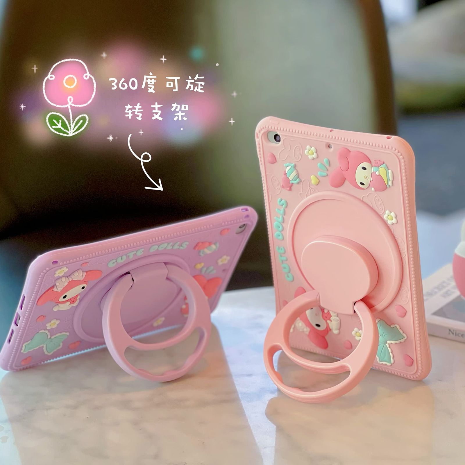 iPad 10 2インチ ケース 第9 8 7世代 2021 2020 2019年 360度回転 リング付き 適用 縦置き 横置き スタンド機能 肩掛け ストラップ 付き うさぎ デザイン 薄型 軽量 CrazyLemon