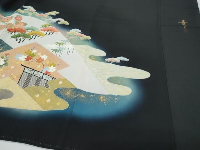 平和屋着物○京友禅の第一人者 松井青々 黒留袖 駒刺繍 松花文 金彩