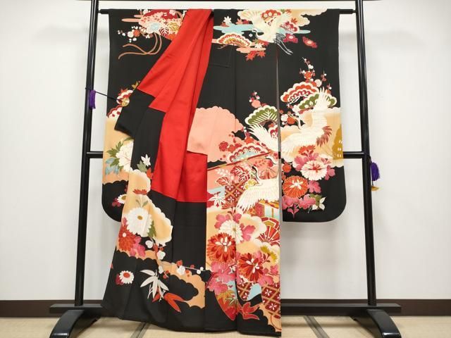 平和屋本店■極上　アンティーク　大正ロマン　振袖　駒刺繍　飛鶴御所車花文　暈し染め　黒地　逸品　CYAA3868s5 平和屋本店□極上 アンティーク 大正ロマン 振袖 駒刺繍 飛鶴御所車花