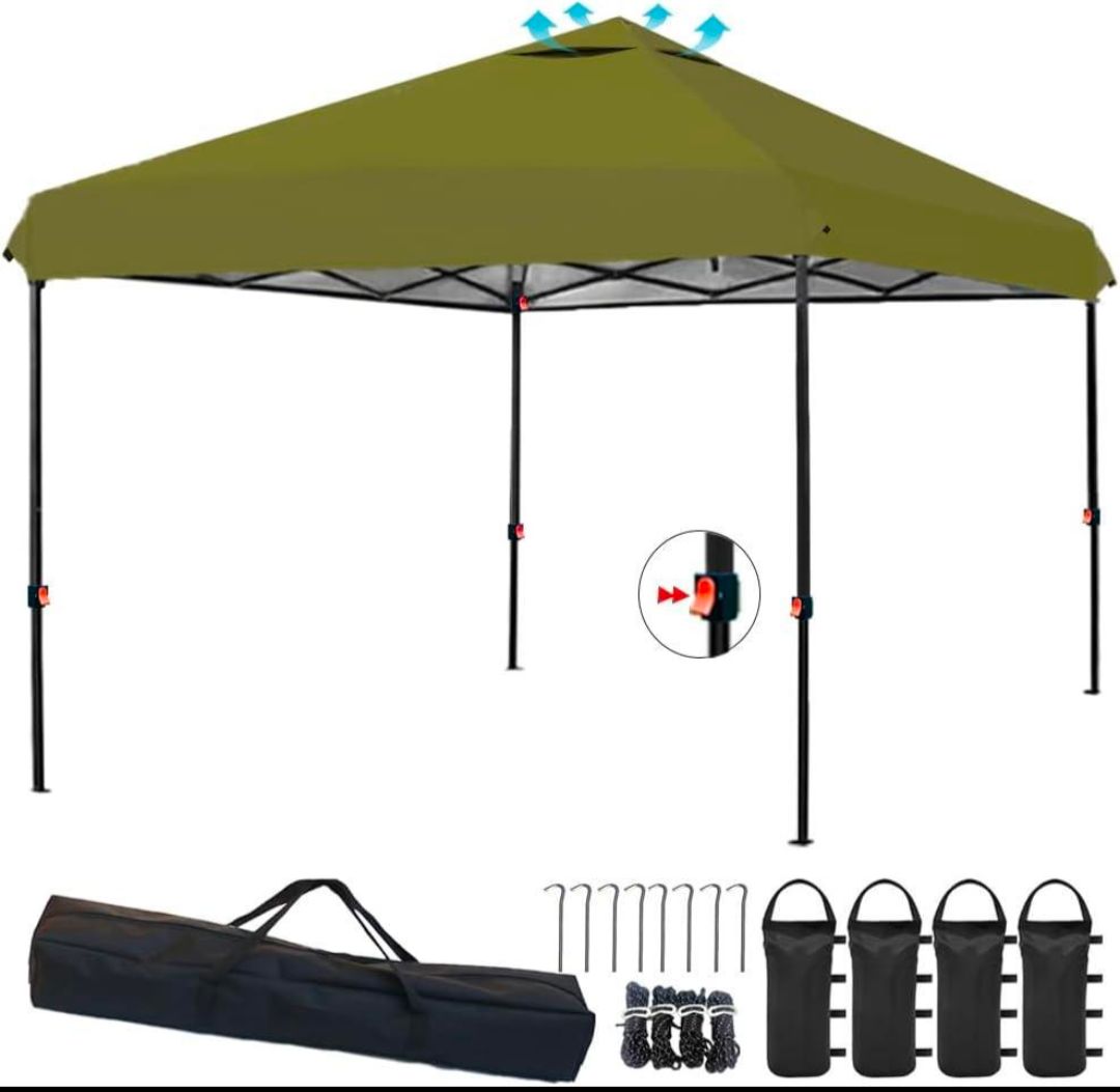 ワンタッチ タープテント 2.5m×2.5m 軽量 簡単設営 防水 耐水UVカット ベンチレーション付 運動会 BBQ キャンプ アウトドア 日除け 防災 収納バッグ付 オリーブ