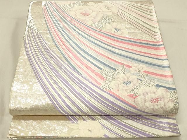 平和屋着物◎六通柄袋帯 唐織 孔雀花文 銀糸 正絹 逸品