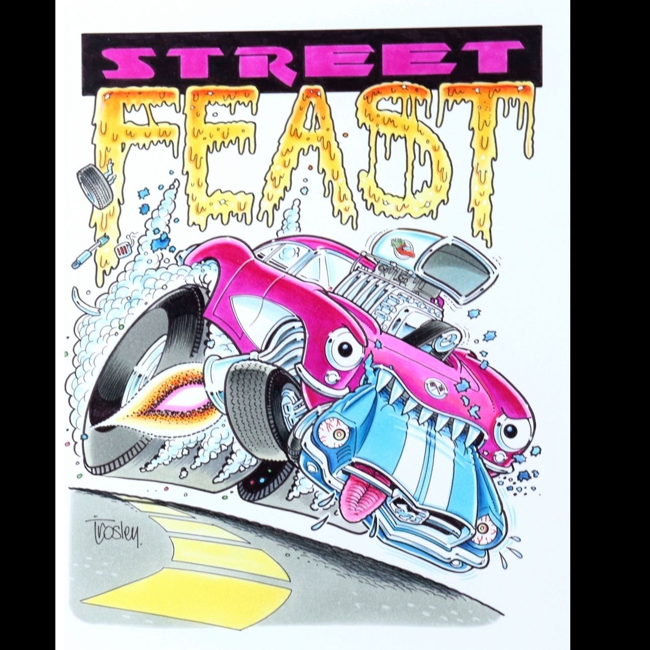 アメリカ車雑誌の挿絵画家 George Trosley ジョージ トロズリー STREET FEAST ペン画4号 原画 USA 額装唐物 骨董 古美術 楾 R87.5-SQ5