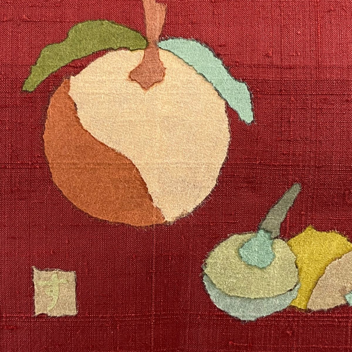 開き名古屋帯 秀品 落款 紬地 生り物 えんじ色 正絹