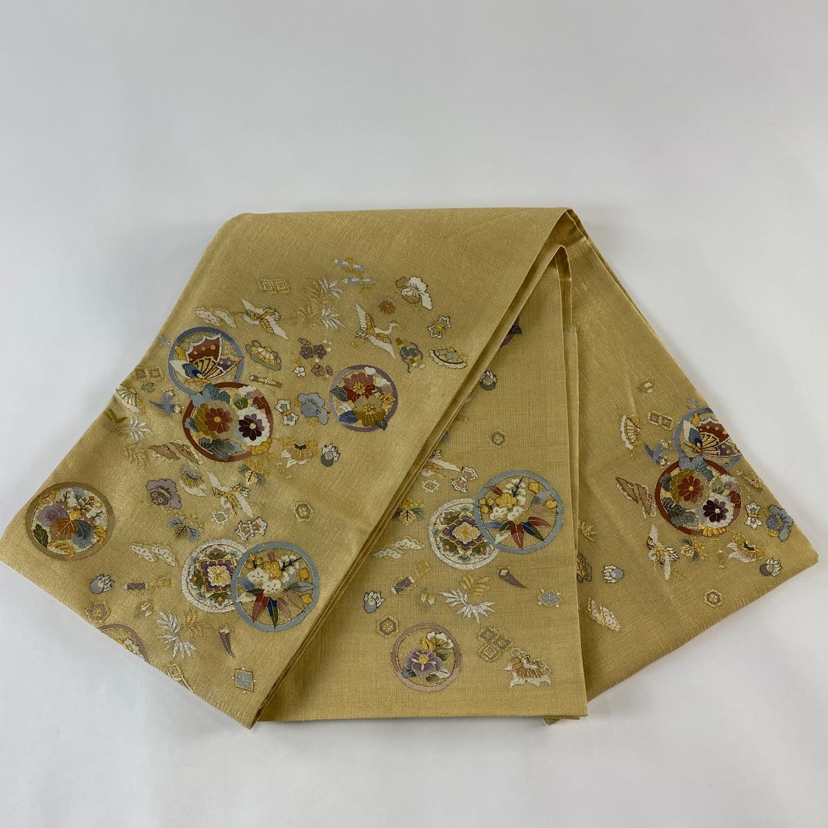 袋帯 美品 逸品 夏帯 菊 宝尽くし 金銀糸 綴れ 金色 お太鼓柄