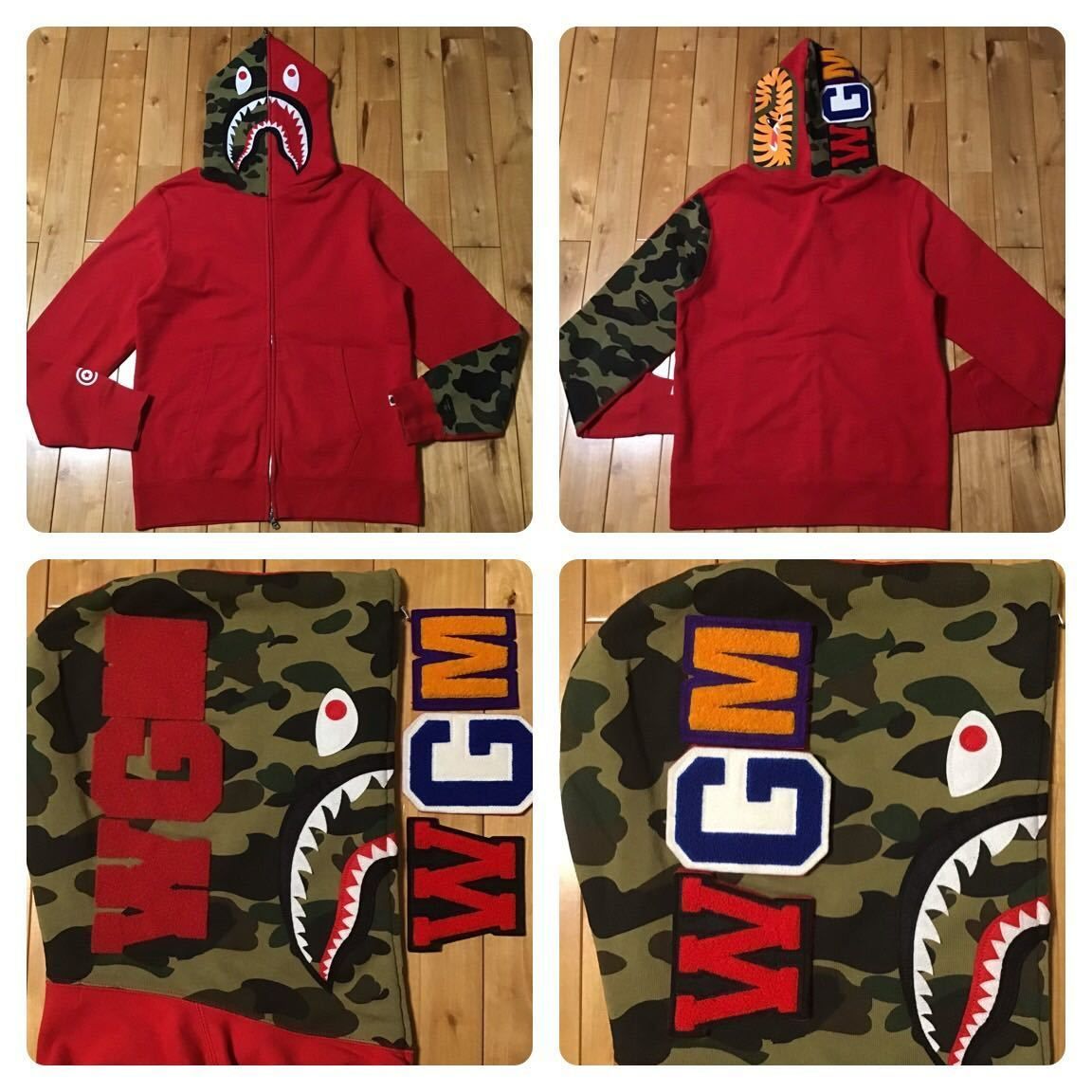 1st camo green × Red 袖切り替え シャーク パーカー Lサイズ shark full zip hoodie a bathing ape BAPE エイプ ベイプ 迷彩